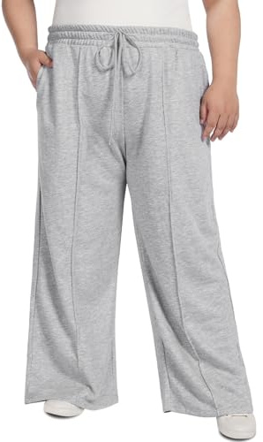Moon Wood Pantaloni Palazzo Donna Jogging Sportivi Pantaloni Larghi Cotone Donna Baggy Gamba Dritta Elasticizzati Vita Alta con Tasche Taglie Forti Grigio 3XL