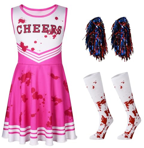 Hotfiary Kids Girls Zombie Cheerleader Costume, Halloween Cheeleader Outfit with Pompoms and Socks, Toddler Teen Dead Cheerleading Dress with Blood Print Fancy Party Uniform 3 4 5 6 7 8 9 10 11 12 Y