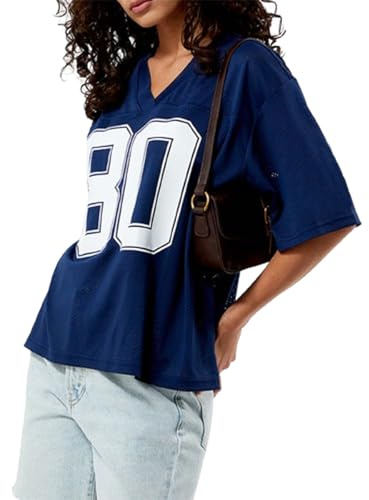 Edhomenn Women Y2K Oversized Number Jersey Shirts Summer Casual Number Graphic Short Sleeve V Neck T-Shirt (Ba Navy 80, S)
