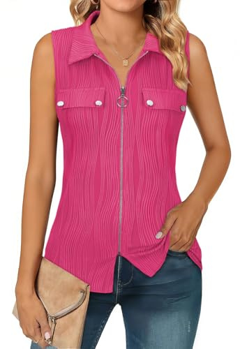 Flikity Vest Tops for Women UK Summer Sleeveless Tops Trendy Zipper Tank Top Collared V Neck Business Casual Blouses Fashion Polo Shirt Hot Pink L