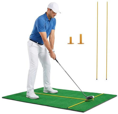 Golf Hitting Mat 5 x 3.3 FT /150x100 CM – Portable Golf Practice Mat with Alignment Sticks & Rubber Tees, Non-Slip PVC Base for Indoor/Outdoor Training, Golf Mat for Backyard, Garden, Driving Range