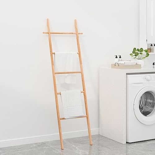 LoogCape Escalera para toallas de 170 cm de madera maciza de nogal, plegable y regulable en altura para baño, dormitorio y hogar, escalera multiusos estable con 4 peldaños, ahorra espacio y