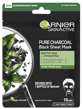Garnier Pure Charcoal and Black Tea Sheet Mask, Purifying and Hydrating Face Mask With Hyaluronic Acid, LHA & Black Tea Extract, Mattifies Shine Prone Skin, Vegan Tissue Mask 28g