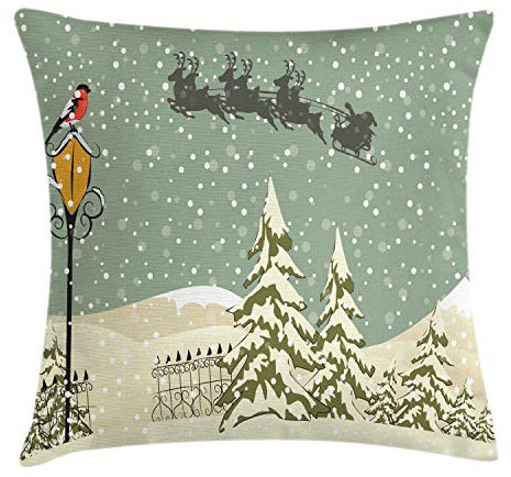 ABAKUHAUS Navidad Funda para Almohadón, Reno de Papá Noel, Decorativo, Estampado en Ambos Lados, 40 x 40 cm, Beige Verde Blanco