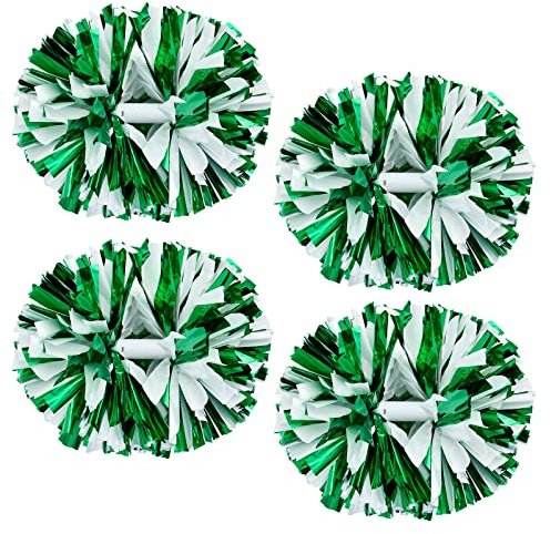 Supkiir 4Pcs Green White Cheerleading Pom Poms for Cheerleader Costume Women, 2 Pair Cheer Pompoms for Boy Girl School Sports Games Team Spirit Cheering Dancing