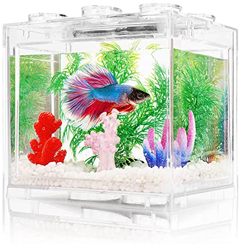 Oltraman Small Betta Fish Tank, Aquarium Tank Kit with LED Lighting, 0.6 Gallon Stackable Fighting Fish Tank Set, Fish Bowl Accessories for Turtle Reptile Shrimp Crab Insects as Decoration