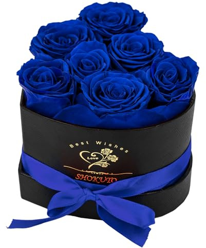 SHOKUTO 7 rosas azules frescas preservadas en caja de corazón, flores para siempre, regalo de cumpleaños para mujeres, madres, esposa, rosas 100% reales de 3 años, perfectas para Navidad, día de San