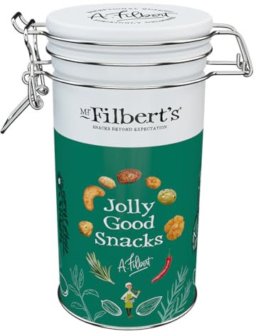 Mr Filbert's - Jolly Good Snacks! Mixed Snack Selection, Savoury Nibbles, Green Olives with Basil and Coriander, Rosemary Almonds, Barbeque Crunchy Corn, Small Tin, 110g
