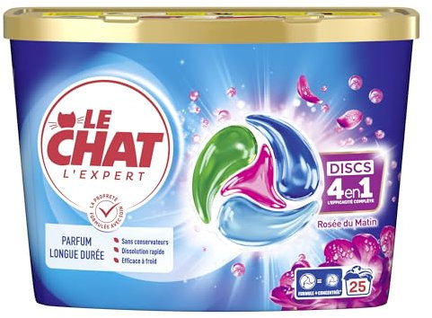 LE CHAT -L'Expert -Disc 4en1 - Parfum Longue Durée - Sans Conservateurs - Dissolution Rapide -Ingrédients Sélectionnés avec Soin -Efficace à Froid -Respect des Fibres - Efficacité Le Chat -25 Capsules
