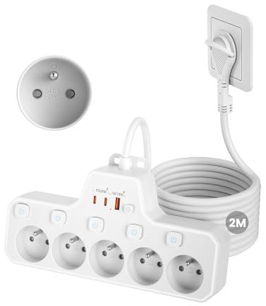 Multiprise Extra-Plate 5 Prises Française,Prise Fiche Plate Derriere Meuble avec Terre 16A 2P+T,Multiprise Electrique avec Interrupteur Individuel,PD20W Bloc Multiple Murale,Rallonge Câble 2 m,Blanc
