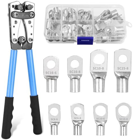 Groß Crimpzange Kabel Set 6/10/16/25/35/50 mm² Kabelschuhe Set 10–1/0 AWG Batteriekabelschuh Zange Mit 8 Größen 60 PCS Kupferringklemmen Blau