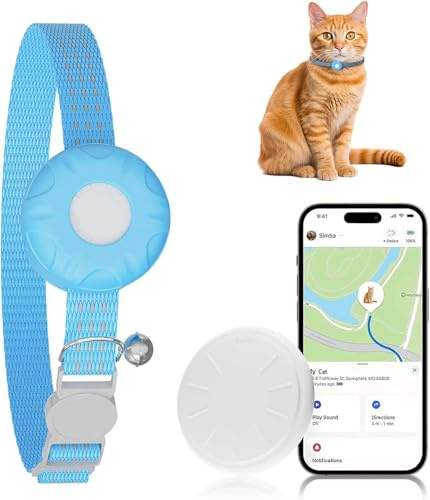 Cat Tracker, GPS Tracker Compatible with Apple Find My App(Only iOS), Waterproof Cat Tracker Collar with Bell and Safety Elastic Buckle, No Monthly Fee, Real-Time Location (Blue)