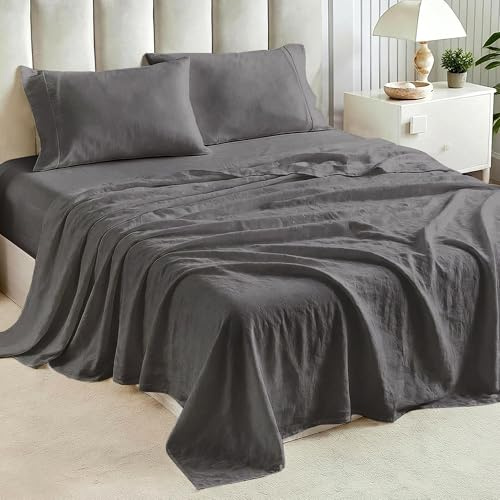 Tokokimo Juego de sábanas de 4 Piezas con Tacto de algodón y Lino Lavado, Ajustable Sábanas Bajera Cama 135x190/200cm con 2 Bolsillos Laterales, Sábana Plana 220x240cm, Fundas de, poliéster, Gris