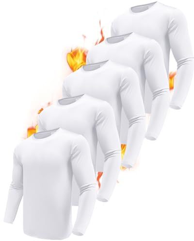 Boyzn 5 Pack Mens Thermal Long Sleeve Undershirt, Winter Warm Fleece Lined Athletic Thermal Base Layer, White Dry Fit Long Sleeve Workout Running Shirts for Men 5P08-White-L