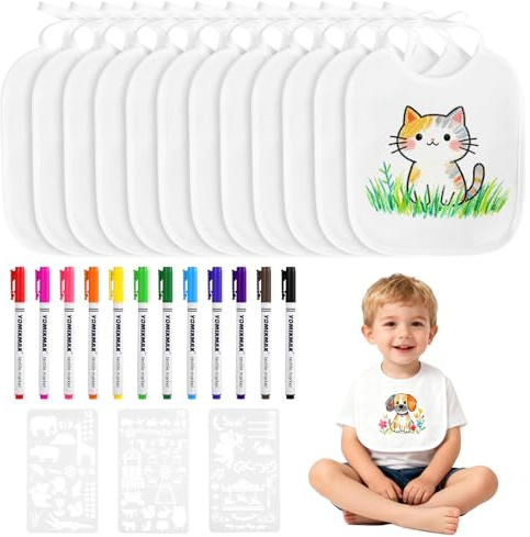 Zorplex 12Pcs Bavaglini per Dipingere, Bianco Doppi Lati Impermeabili e Resistenti All'Olio Bavaglini Da Pittura Con 12 Pennarelli Tessili e 3 Stencil, Regalo Creativa DIY per Baby Shower Unisex