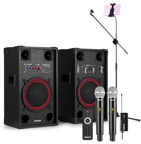 Fenton SPK-110 Bluetooth Karaoke Machine Set - 10 Active Speakers, Wireless Dual UHF Microphones, Adjustable Mic Stand with Tablet Holder, Home Karaoke Kit for Adults, 600W Output