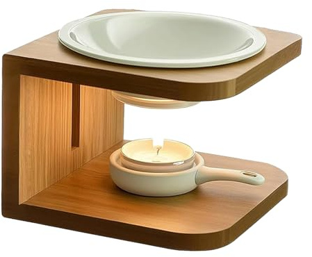 Eabdice Lampe aromatique pour huiles essentielles, lampe aromatique, bougie chauffe-plat en céramique bambou, lampe parfumée en céramique avec bougeoir, pour huile parfumée et cire parfumée