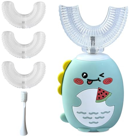 SGZIOO Spazzolino elettrico a forma di U per bambini, spazzolino da denti a ultrasuoni per bambini dai 2 ai 12 anni, spazzola Dino con 3 testine in silicone a forma di U e 1 testina dritta, timer 45s