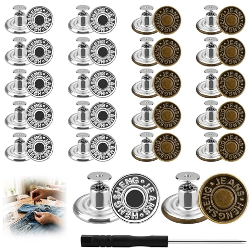 100Pcs Jean Buttons 17mm No Sew Metal Button Jeans Buttons Replacement Adjustable Jean Button Pins with Screwdriver Waist Tightener Clips for Jackets Clothes Denim Skirt Clothing Repairing