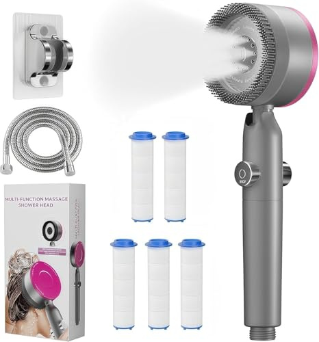 High Pressure Shower Head with 15 Stage Hard Water Filter, 3+1 Spray Modes Handheld Showerhead with 1.5m Hose and Pause Switch, Massage Shower Filter for Residual Chlorine Removal (Grey)