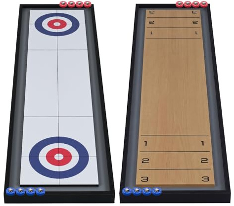 GYMAX 2 in 1 Shuffleboard and Curling Combo Game, Wooden 2-Sided Tabletop Shuffle Board Game with 8 Rolling Puck, Portable Combination Games Set for Home Family Nights Party Bar