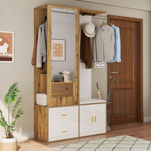 kozamas Ensemble vestiaire avec miroir et armoire à chaussures - Design bois blanc - Avec tringle à vêtements extensible, banc et espace de suspension caché - Compact - 100 x 38 x 180 cm - Pour