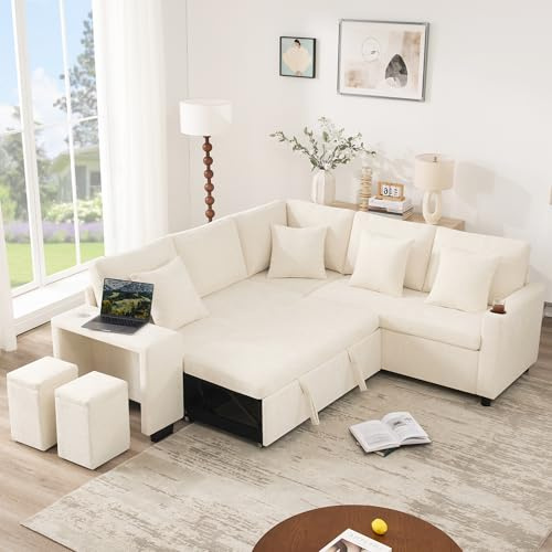 VILUXE Sofá cama en forma de L con función de dormir y espacio de almacenamiento, sofá esquinero de chenilla con USB y USB-C, chaise longue reversible, taburete, soporte para bebidas y 4 cojines, sofá