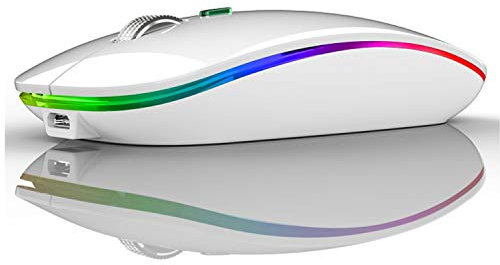 Uiosmuph G12 Ratón Inalámbrico Recargable, Ultra Delgado Receptor Nano Wireless Mouse 1600 dpi Ajustables Silencioso Mini Mouse Multicolor LED para Computadora Portátil, PC, Portátil (Blanco)
