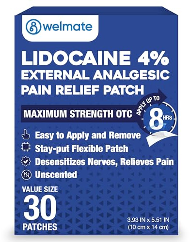 WELMATE - 4% Lidocaine Numbing Patch - Maximum Strength - Temporary Relief of Pain, Back, Neck, Shoulders, Knees, Elbows, Minor Skin Irritations - Topical Analgesic Unscented - 30 ct