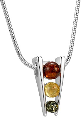 Dam Silverhalsband Med Tre Färgade Bärnsten Berlock Justerbar Längd