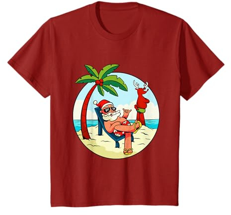 Babbo Natale Renna Spiaggia Costume da bagno Palme Natale Maglietta