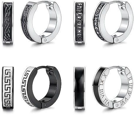 MILACOLATO 4 Paar Ohrringe Herren Frauen Wikinger Creolen Edelstahl Scharnier Clicker Kleine Nordische Schwarze für Männer Schmuck 12mm