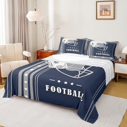 Erosebridal Football City Bed Sheets Set Gridiron Lover Sheets Gifts for Boys Girls, Sports Ball Game Sheet Set Navy Blue Grey Striped Stars Bed Set Twin, Top Sheet Fitted Sheet 1 Pillowcase
