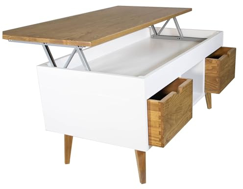 LoMasCasa - Mesa de Centro Elevable Modelo Karla 23 con 2 Cajones Deslizantes, Madera Maciza de Pino Natural en Color Blanco y Nogal Trapeado. Patas Cónicas. Medidas 100 x 50 x 47 cm