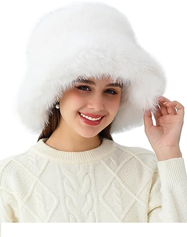 soul young Women's Faux Fur Bucket Hat Fluffy Winter Warm Fisherman Cap(White)