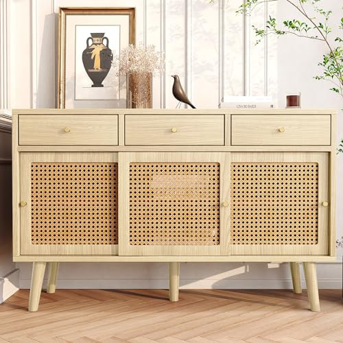 DRIXNO Sideboard, Chest of Drawers with 3 Drawers and 3 Sliding Doors, Rattan Weave on Door Fronts, Solid Wood Legs, Golden Metal Bow Handle, Adjustable Shelves, Oak, 120 x 40 x 78 cm
