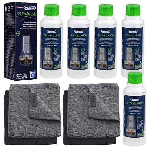 EcoDecalk 200ml Descaler for DeLonghi (Pack of 5) with 4 Premium Trevuza Microfibre Cloths (2 Black & 2 Grey) – Complete Trevuza Coffee Machine Cleaning & Descaling Kit for Delonghi Machines