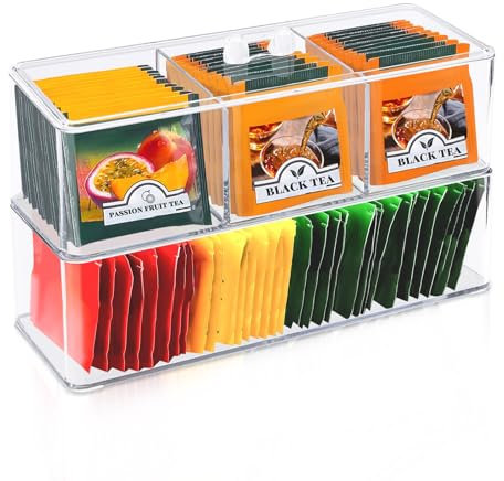 2 Piezas Caja de Almacenamiento para Bolsas de Té, Caja de Te Cajas de Plástico Transparente para Té con Tapa Compartimento, Organizador de Cocina Cajas Infusiones para Bolsas de Tés Sobres de Café