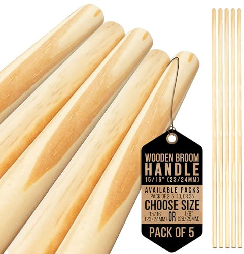 Wooden Broom Handle – Multipurpose Garden Broom Shaft, Mop Handle, Broomstick Brush Pole, Plant Support Wooden Sticks for Garden - 120cm Long Stick (Pack of 5, 15/16 (23/24mm)