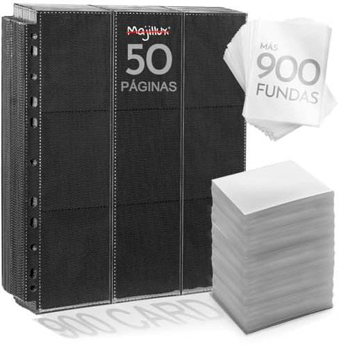 Majillux 900 Tasche per Carte, 50 Fogli Neri con 900 Bustine Trasparenti | 50 Fogli Bifacciali | 900 Tasche da 9 x 6,5 cm | 900 Bustine Trasparenti | Caricamento Laterale | Raccoglitore Non Incluso
