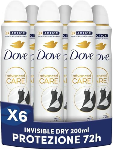 Dove Advanced Care Invisible Dry Deodorant Spray mit feuchtigkeitsspendender und hautfreundlicher Formel, Anti-Flecken-Formel, trockene Haut bis zu 72 Stunden, Deodorant für Damen und Herren, 6 Stück