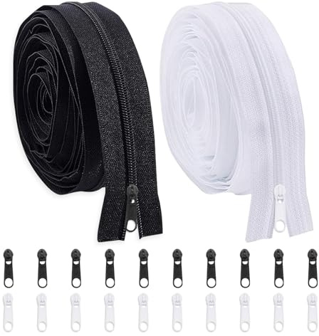 Tbintul 2 x 5mm fermeture eclair au metre de 10 m avec 20 x zips en nylon fermeture éclair noir et blanc