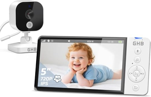 GHB Baby Monitor with Camera and Night Vision, IPS Screen, 2-Way Audio, Temperature Sensor, Digital Zoom, Lullabies, Feeding Reminder, VOX Mode, Matt White