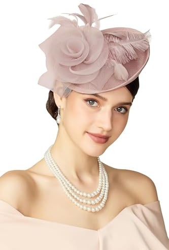 BABEYOND Damen Fascinator Hut mit Federn und Mesh-Blumen Pillbox Hüte, Elegante Kopfbedeckung mit Haarclip für Hochzeiten, Damen Race Day, Cocktail Party Nude-Rosa