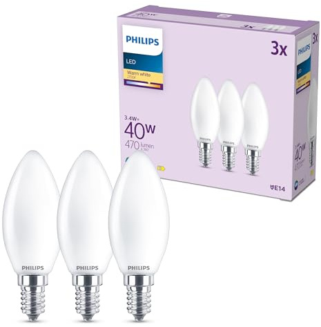Philips LED-ljuskälla, 3-pack, B35, E14, 470 Lumen, 40 W, Kronljusdesign, LED Lampa, Lång Livslängd, Belysning med Varmvitt Ljus, 2 700 K, Frostad Glödlampa