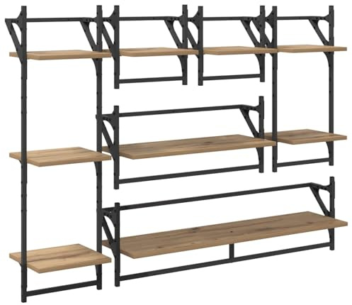 Juego de estantes para pared, 6 piezas, madera, metal | Diseño moderno, montaje fácil, almacenamiento de salón, marco de metal estable, etagere deco