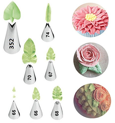 Gracelaza - Set di 7 beccucci russi, in acciaio inox, motivo foglia, per decorare torte e cupcake, colore: argento