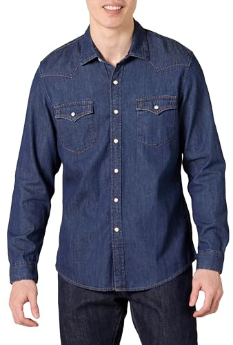Amazon Essentials Camicia in Jeans a Maniche Lunghe Vestibilità Aderente con Bottoni Automatici Uomo, Blu, M