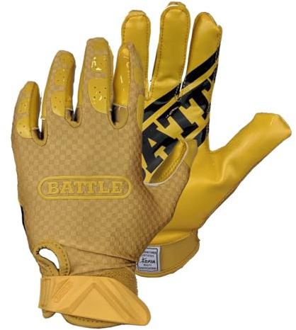 Battle Sports Triple Threat Wide Receiver Football Gloves, Ultra Stick Adult & Youth Gloves - Adult Large, Gold