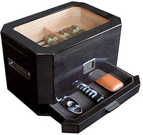 CASE ELEGANCE Grande umidificatore in cedro nero Octodor con igrometro digitale, sistema di umidificazione e cassetto degli accessori, può contenere (50-100 sigari)